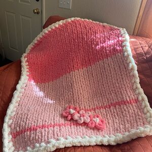 Handmade Pink and White Knitted Blanket
